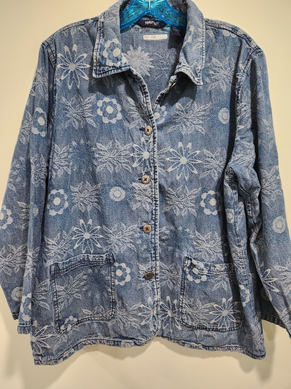 krazy kat Blue Denim Floral Button Jacket Vintage 100% Cotton